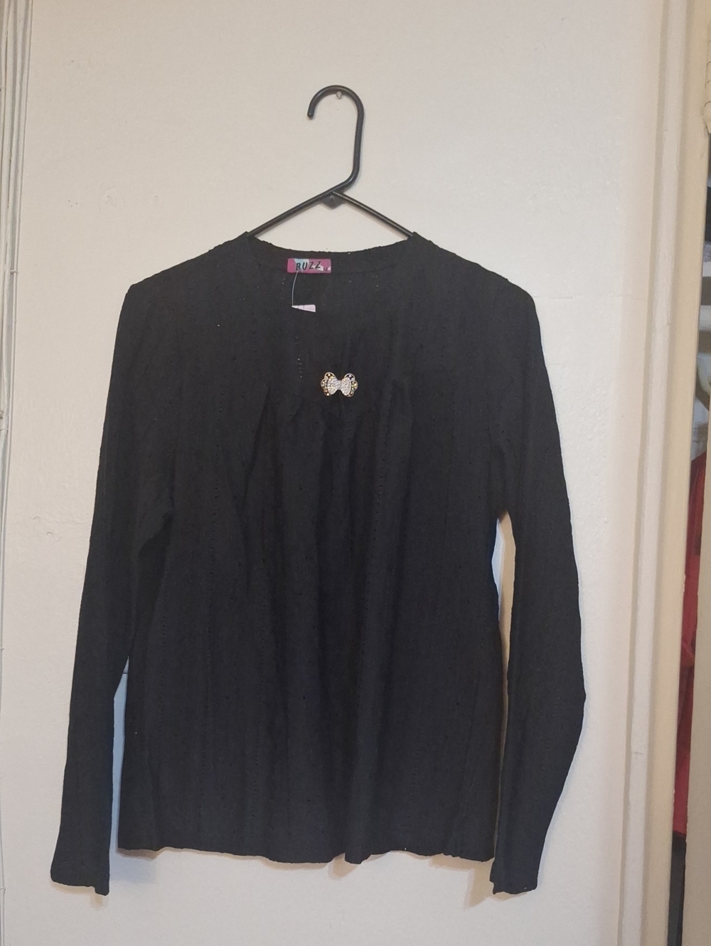RUZA Black Long-Sleeve Knit Top with Rhinestone Bow Accent